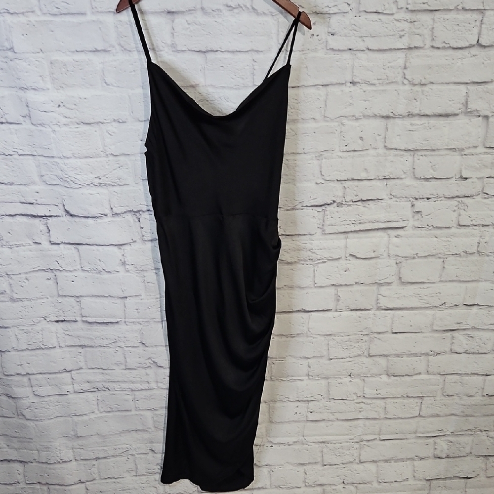 Elegant Black Satin Midi Dress with Spaghetti Straps